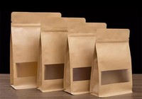 In Stock Plain Kraft Paper Food Packaging Bag with Window Food Grade 8 Side Seal Flat Bottom Pouch for Grain Food Scented Tea