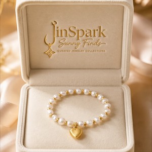Pulsera JinSpark 'Ethereal Heart' con Perlas Naturales y Cuentas de Acero, Chapada en Oro de 18K, con Dije de Corazón, Regalo de Joyería para Ella - Product Image 4