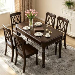 Vintage Dark Wood <b>Dining</b> <b>Table</b> Set, 4 Seater with Lattice Back Chairs & Turned Legs - Product Image 1
