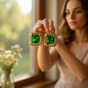 Orecchini a Perno Classici con Gemma Verde, Taglio Principessa, Placcati in Oro, Gioielli da Festa per Donne, Design Geometrico - Product Image 2