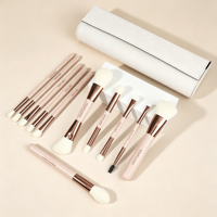 Ensemble de 11 pinceaux de maquillage roses à double extrémité avec virole dorée café pour le maquillage quotidien et professionnel