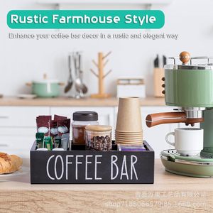 Boîte de rangement pour bar à café, organisateur de bureau en bois pour grains de café, sachets de thé, tasses, pailles avec compartiments, noir et blanc - Product Image 2
