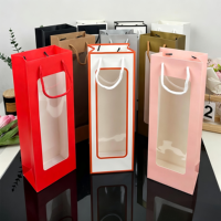 Tas Kertas Anggur Minimalis Model Pabrik, Dapat Disesuaikan, dengan Pegangan Panjang, Tas Hadiah, Jendela PVC Transparan, Pegangan Tali