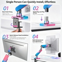 Bras de moniteur à ressort à gaz dégradé rose-bleu 17-35 pouces, fixation par pince de bureau/œillet, plaque VESA à dégagement rapide, capacité de charge 2-10 kg