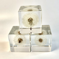 Pabrik kustom Resin persegi kerajinan kristal transparan nyata Dandelion bunga patung hadiah bisnis patung hadiah pemberat kertas elegan