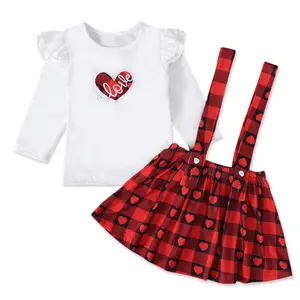 Áo Sơ Mi Rts Valentine Cho Bé Gái, Bộ 2 Chiếc Váy Yếm Kẻ Sọc Đỏ Dài Tay Tình Yêu Mùa Xuân Thu Kiểu Mỹ