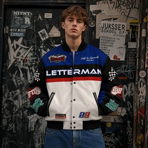 High Quality Spliced Vintage Racing Bomber <b>Jacket</b> Wholesale Custom Fabric Custom Pattern <b>Thick</b> Motorcycle <b>Jacket</b> Trendy Casual - Product Image 5