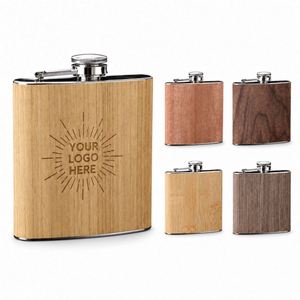 Custom Logo 6Oz Stainless Steel Hip Wood Grain <b>Wrap</b> Whiskey Bottle Portable Metal Pocket Liquor Flask for Business Gift - Product Image 1