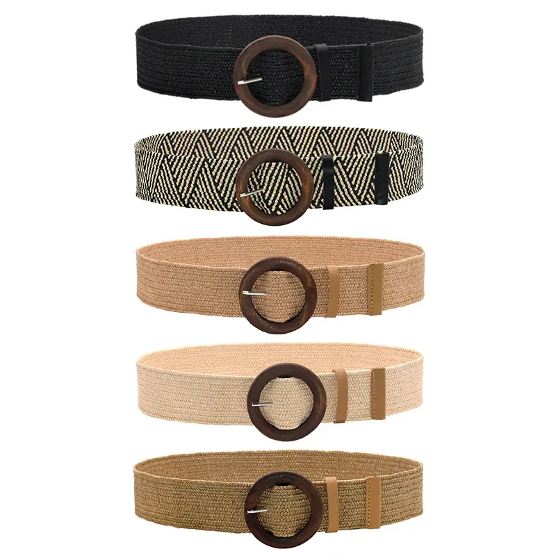 Fashion Beach Style Elastic Ladies Belt High Quality Wooden Buckle Woven 5cm Wide Belt For Women