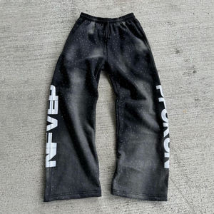 Pantalones Deportivos Holgados de Felpa Francesa Gruesa de Algodón Personalizados por el Fabricante OEM, Pantalones Deportivos de Pierna Ancha Recta para Hombre con Pedrería Completa - Product Image 1