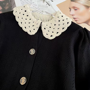 New <strong>Chevron</strong>-patterned Openwork Lace Collar Sleeve <strong>Dress</strong> with Single Waistline for Slimming Effect - Product Image 6