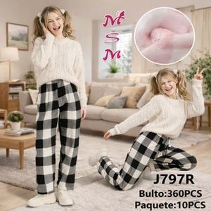 J797R Set Pigiama Lavorato a Maglia per Donna, Maniche Lunghe, Collo Tondo, Motivo a Quadri, Lunghezza Intera, Morbido Abbigliamento Invernale da Notte con Vita Elasticizzata - Product Image 3