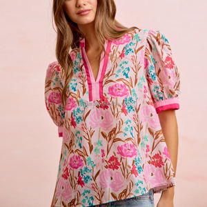 Blusa Casual de Verano <span class=keywords><strong>para</strong></span> <span class=keywords><strong>Mujer</strong></span>, Estilo Bohemio, con Mangas Abullonadas, Estampado Floral Rosa, Cuello en V, con Ribete en Contraste - Product Image 3