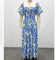 Robe mi-longue à imprimé floral rayé pour femmes, avec col carré et manches bouffantes, taille haute, élégante, robe de soirée décontractée