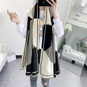 Ready to ship 2021 hot sale autumn luxury brand leisure stripe cashmere scarf long warm women winter neck wrap