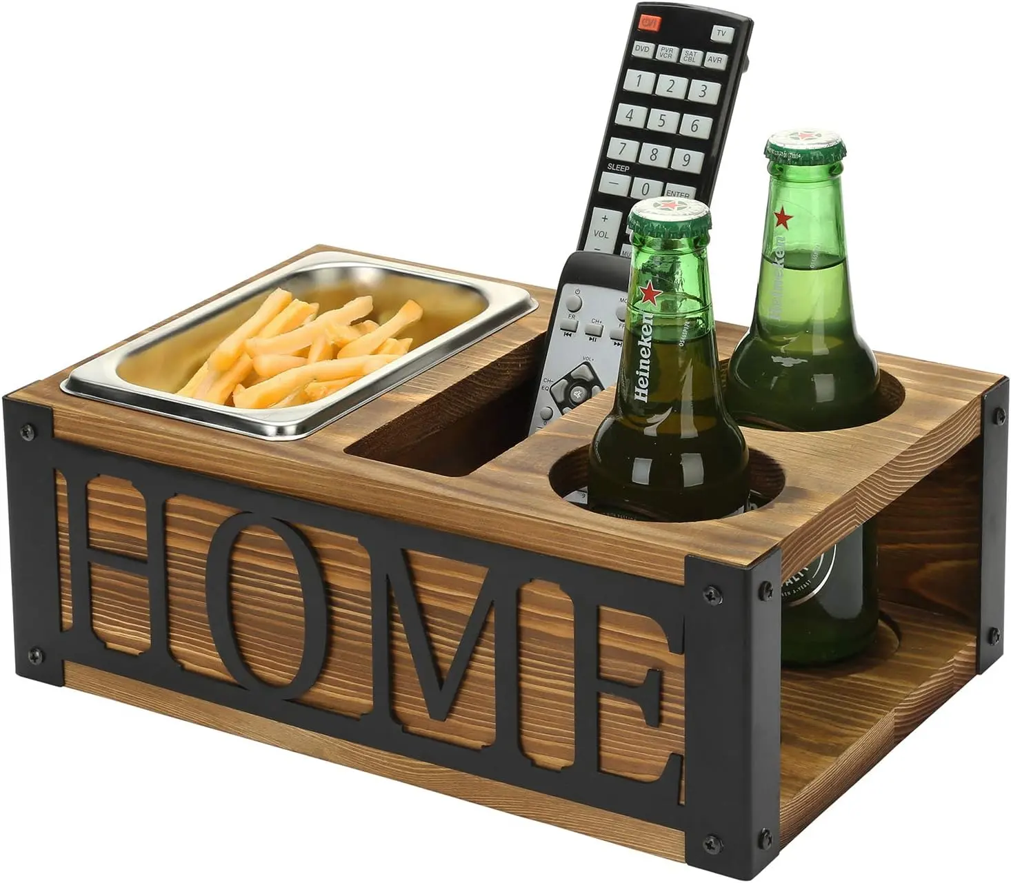 Rustiek Verbrand Hout Sofa Snack Caddy Couch Organizer Houten Bank Beker & Drinkhouder Met Snackbak Met Opberghouder Op Afstand