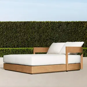 Luxury Outdoor Furniture Weathered Teak Furniture Solid Wood Lounge Chaise Sunbed Waterproof Outdoor Daybed