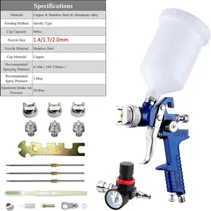 HVLP pistol semprot dengan tutup jarum nosel 1.4mm 1.7mm 2.0mm otomotif Kit pistol semprotan cat udara dengan cangkir kapasitas 600cc