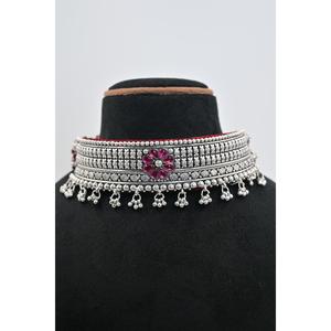 Manish Jewellers MJCS004 Ethnic Silver Plated Choker <b>Necklace</b> <b>Pink</b> Amethyst Flower Design Women's Vintage Wedding Style Beaded - Product Image 1