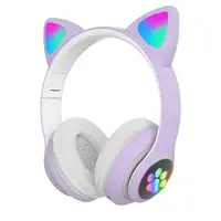 Headphone Nirkabel Telinga Kucing Lucu untuk Anak Perempuan, Earphone Helm Musik Gigi Biru LED & Mikrofon