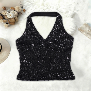 <b>Sequin</b> Halter Neck Backless Fitted Tank <b>Top</b> Solid Color Women Party Night Out - Product Image 6
