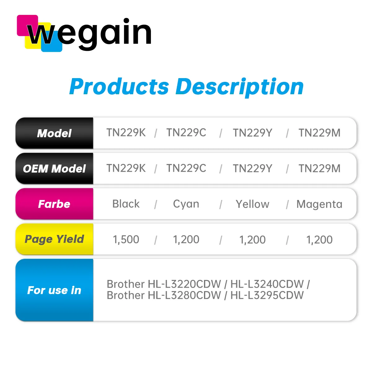 Wegain kartrid Toner warna dengan klip N229 Tn-229 Tn229x kartrid Toner warna Laser kompatibel untuk HL-L3220CDW/HL-L3240C