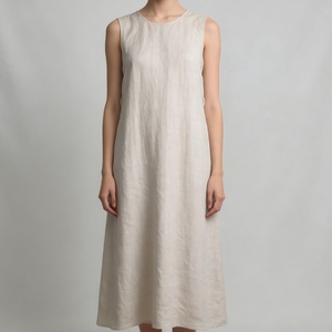 Robe d'été formelle ample beige en lin sans manches pour <span class=keywords><strong>femme</strong></span>, longueur genou, imprimé numérique uni, taille naturelle, ourlet plissé - Product Image 1