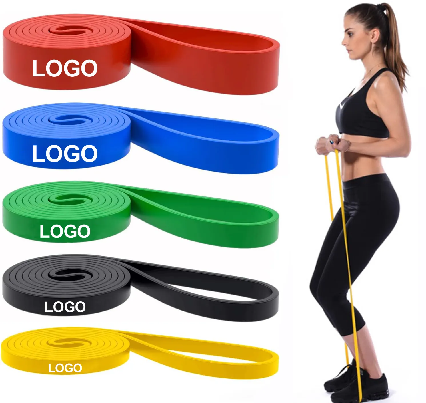 Cinta de resistencia de látex para ejercicio físico, bandas de resistencia para gimnasio, con logotipo personalizado