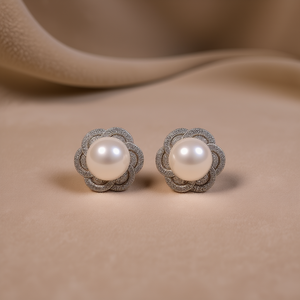 Orecchini a perno con perle Akoya in oro bianco e argento 925, design floreale con pavé, perle coltivate AAA, gioielli da sposa da donna - Product Image 2