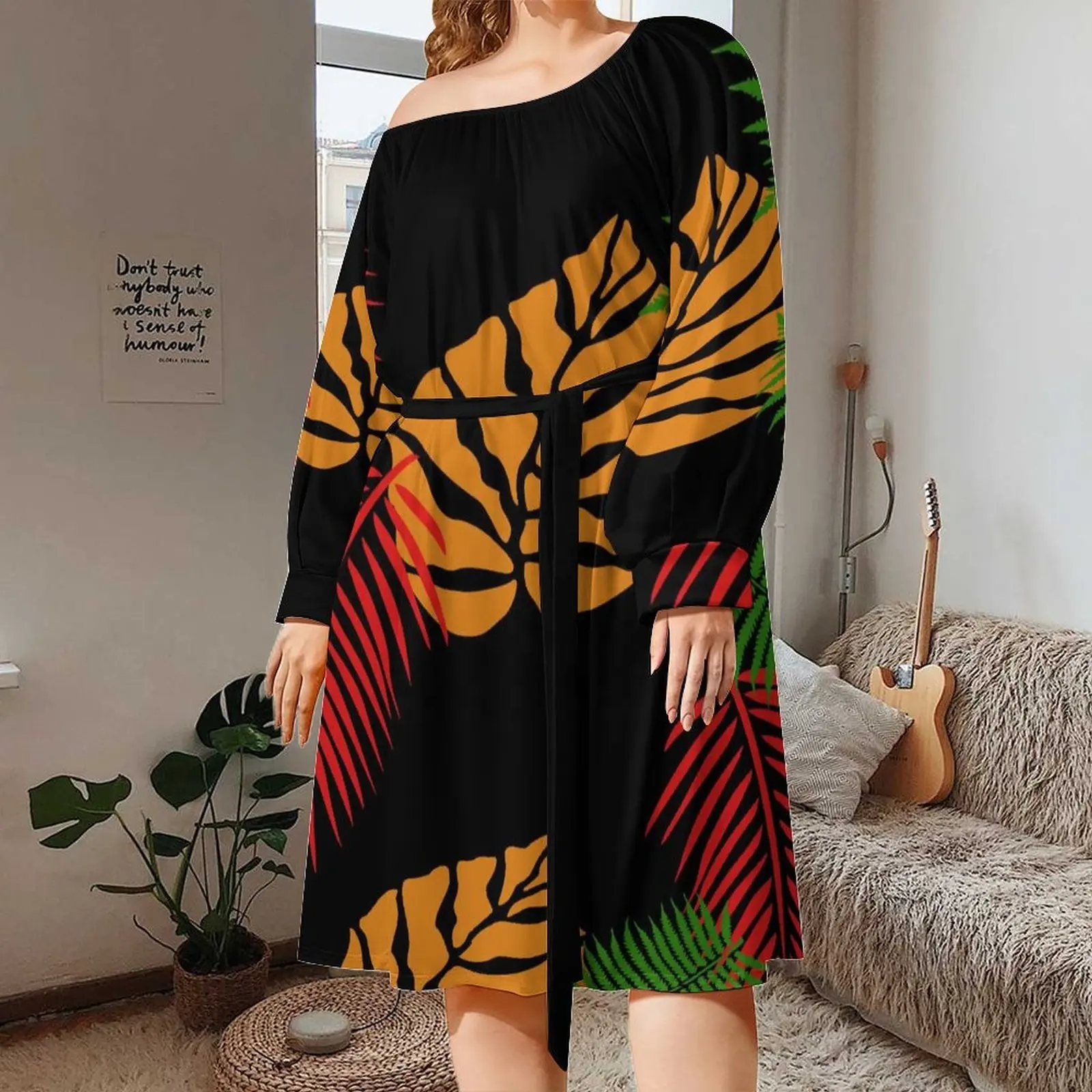 Robe de soirée noire style vintage à manches longues et imprimé de grandes feuilles, style tribal polynésien, grande taille 7XL, sexy