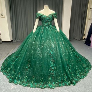 Lsany290 Stunning Emerald Green Maternity Quinceanera <b>Ball</b> Gown Appliques 3D Floral Sequin <b>Glitter</b> Organza Sweetheart Neck - Product Image 3