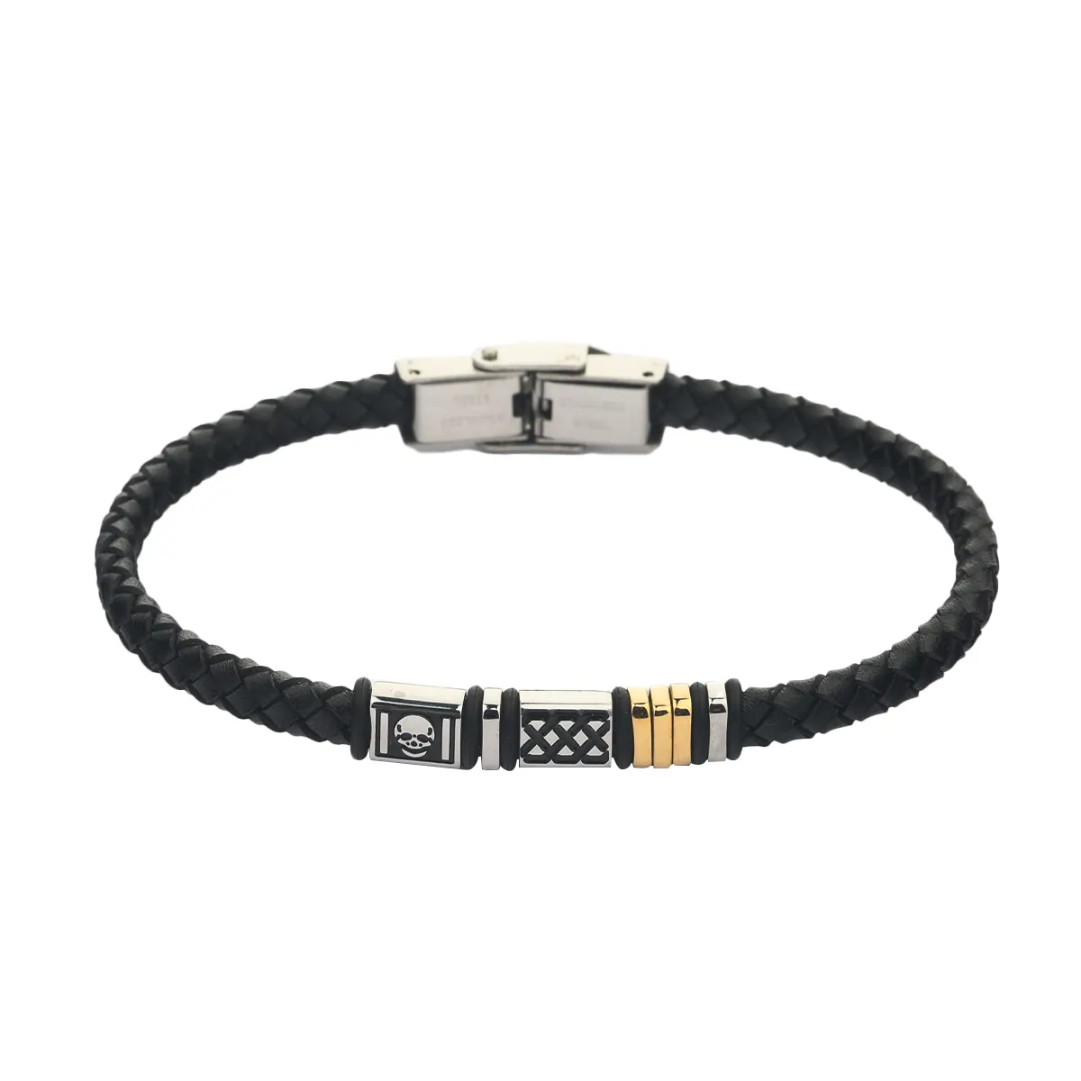 ELIO New Hip hop Leather Bracelet Mens Stainless Steel Gold And Silver Skull Braided Leather Bracelet Bangle