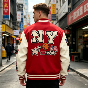Blouson Bomber Vintage OEM en Mélange de Laine, Blouson Varsity Color Block avec Manches en Similicuir Blanc et Écussons Brodés, Blouson de Basketball - Product Image 2