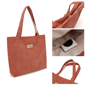 Wholesale Custom Large Size Corduroy Tote <strong>Bag</strong> with <strong>Patch</strong> Logo Eco-Friendly Shoulder <strong>Handled</strong> <strong>Bag</strong> for Women for Outdoor Promotions