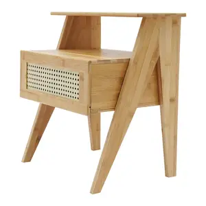 Mesa auxiliar de bambú de 2 niveles con mesitas de noche de cajón para espacios pequeños, mesita de noche de almacenamiento, mesa auxiliar para dormitorio
