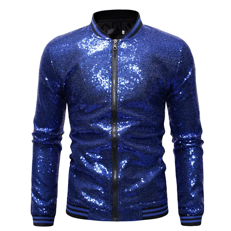 New Fashion Men Sequin Jacket Stand Collar Long Sleeve Solid Color Bling Bling Zipper Cardigan Casual Party Dance Coat Jacket