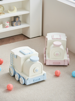 Boîte de rangement rectangulaire portable en PP écologique, anti-poussière, en forme de petit train bleu, pour chaussures, vêtements, maison, bureau, école