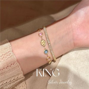 S925 Silver Gold Plated <b>Rainbow</b> Beans <b>Bracelet</b> Bezel Setting Everyday Wear - Product Image 4