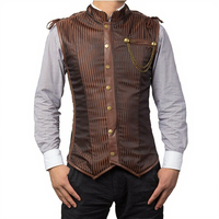 Corset en satin rayé marron à col mandarin avec chaînes pour homme, grande taille, style steampunk gothique vintage, avec baleines en acier et fermeture éclair, longueur standard