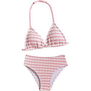 Ensemble de bikini smocké rayé rose pour fille FOXA, maillot de bain deux pièces dos nu, tissu extensible, vêtements de plage - Product Image 1