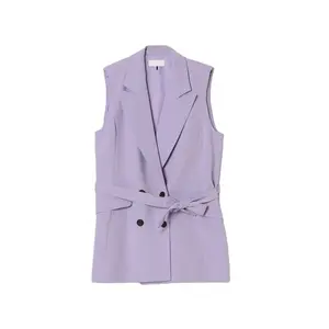 Custom Tuxedo Collar Shoulder Pads Double Breasted Button Solid Waistcoat Sleeveless Long Women's Suit