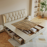 Cama Tapizada de Lujo Estilo Europeo Tamaño Queen o King con Cajones de Almacenamiento Oculto y Cabecero con Iluminación