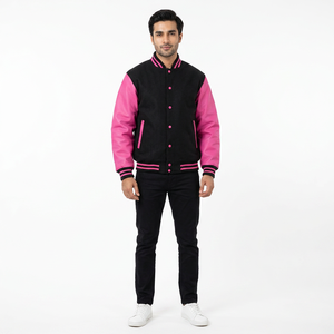 Custom High School Varsity Jacket Negro Lana Hot Pink Mangas de cuero Estilo americano CollegeBaseballjacket para los hombres - Product Image 1