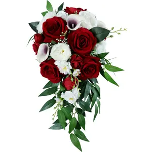 MOQ 2pcs חתונה אספקת פרחי כלה חתונה זר הכלה אדום מלאכותי משי ורדים