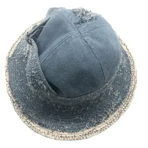Benutzer definierte Denim Mode Eimer Hut Riemen Hut Designer schwer gewaschen blau Distressed Eimer Hüte