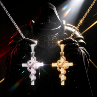 Collier Serpent Croix Iced Out Micro Pavé CZ Violet Pendentif Hip Hop Plaqué Or 18K Chaîne Corde en Acier Inoxydable Bijoux Rapper OEM