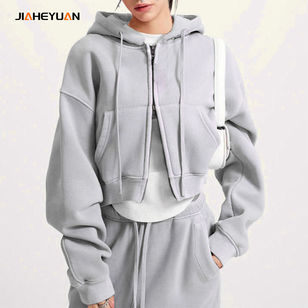 Custom Oversized Zip up Crop Top Hoodies and Sweatpants Set High