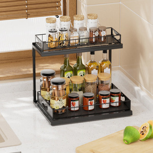 Organisateur d'armoire de cuisine à 2 niveaux, étagère de rangement coulissante pour garde-manger avec tiroir, noir et blanc - Product Image 2