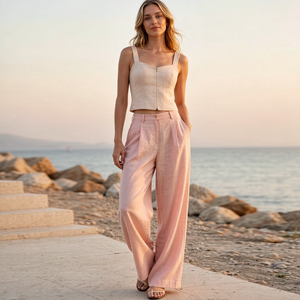 Women 2 Piece <b>Linen</b> Beige Crop <b>Top</b> Pink Wide Leg Pants Loose Fit Casual Spring Summer Outfit - Product Image 2