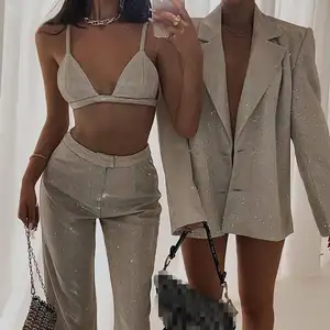 Kadın takım elbise benzersiz parlayan serin eşleştirme seti Blazer moda parti gece kulübü pantolon Suit 2023 Feme Glitter eşofman kıyafetleri